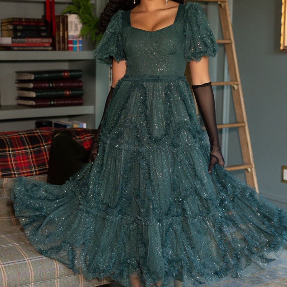 Elegant Green Sparkle Tiered Maxi Dress with Puff Sleeves
